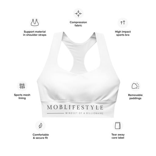 MOB Classic White Longline sports bra series - Moblifestyle Mindset of a Billionaire